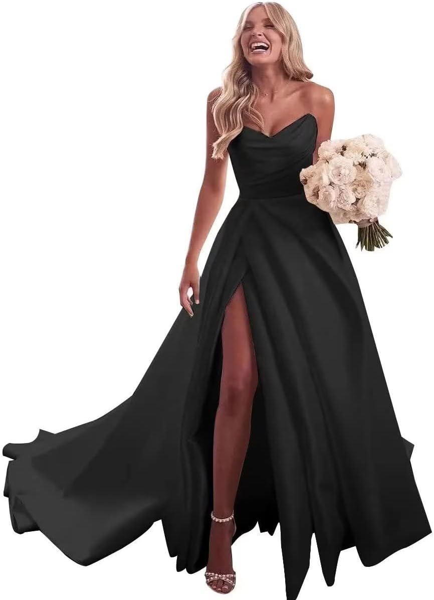 Trägerloses Ballkleid, langes Ballkleid, Satin-Brautkleid für die Braut, A-Linie, formelle Abendkleider mit Schlitz 