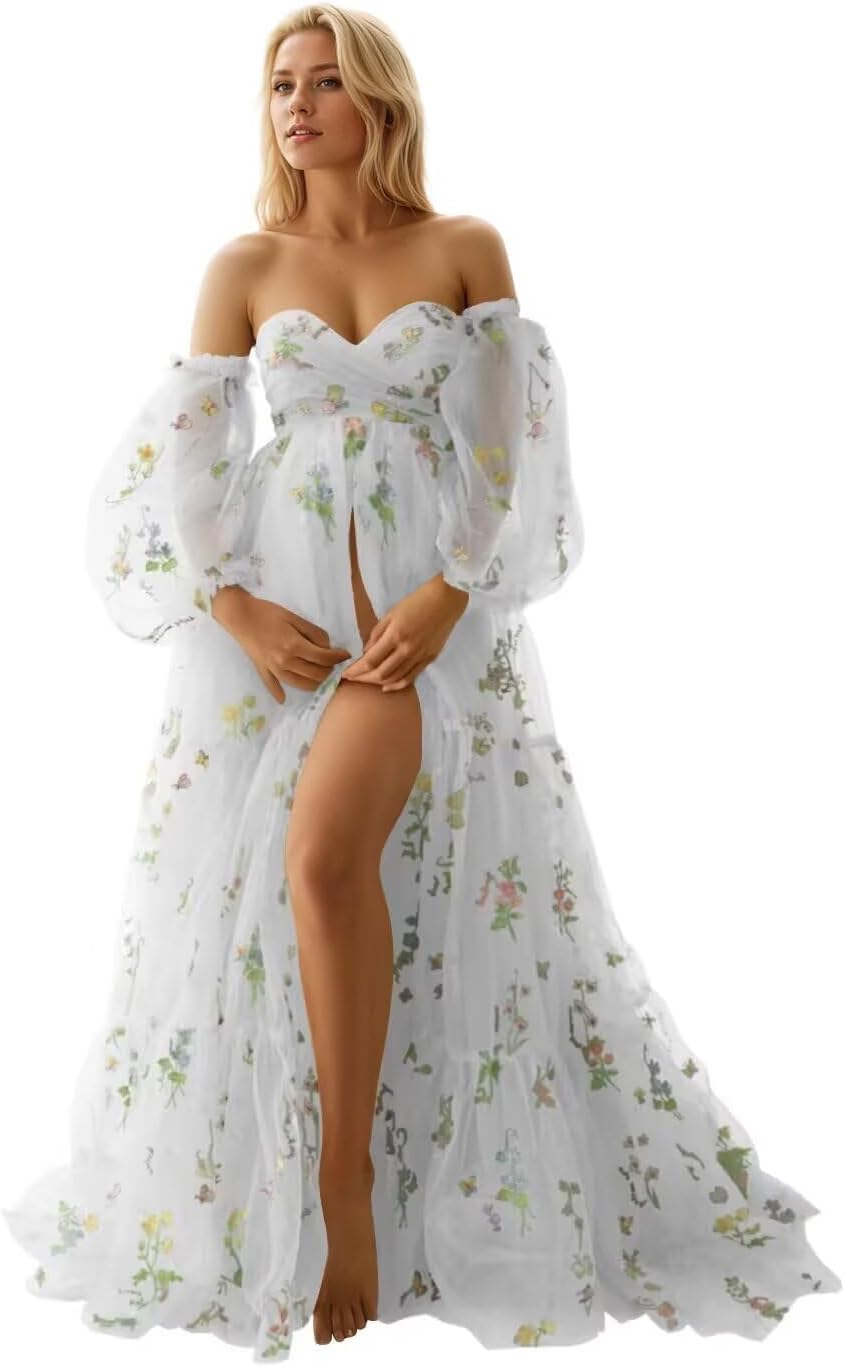 Flower Embroidery Tulle Maternity Dresses for Photoshoot Long Puffy Sleeve Off Shoulder Pregnancy Baby Shower Dress