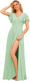 V Neck Bridesmaid Dresses for Women with Slit 2025 Flutter Sleeve Chiffon Pleats Formal Dress with Pockets