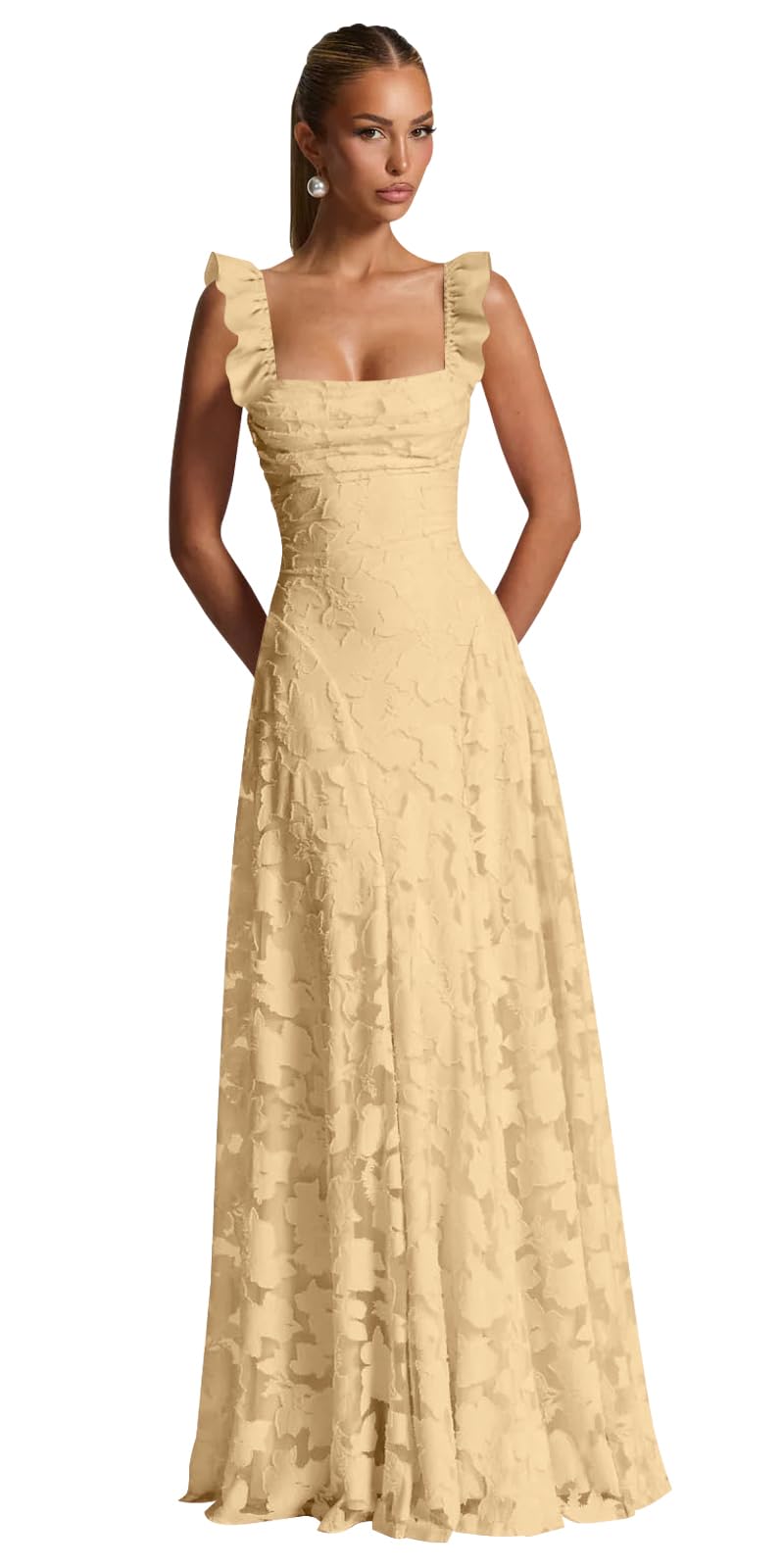 Ruched Jacquard Prom Dresses for Women Teens Ruffle Strap Floral Maxi Formal Dress Evening Gown