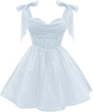 Tulle Short Homecoming Dress for Teens Sparkly Lace DAMA Dresses for Quinceanera Spaghetti Straps Bow Prom Gown