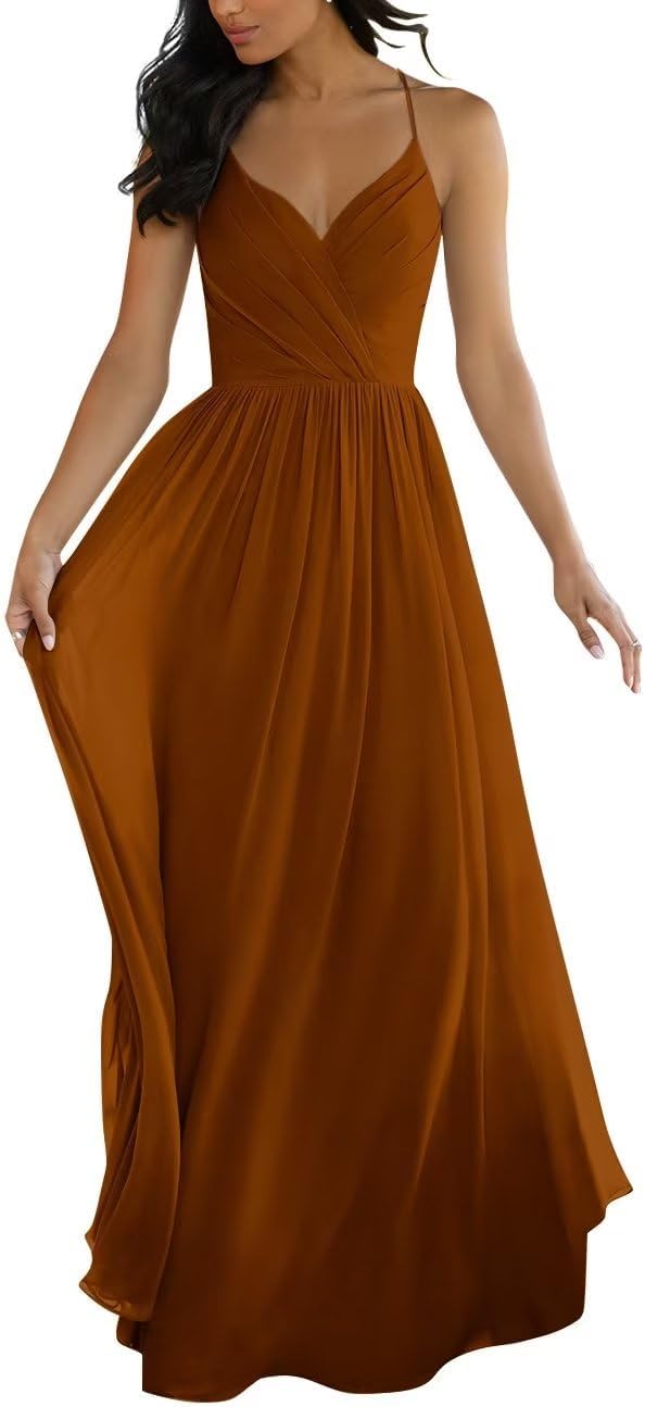 V Neck Bridesmaid Dresses for Women 2025 Long Chiffon Pleated A-line Spaghetti Strap Wedding Evening Prom Gown