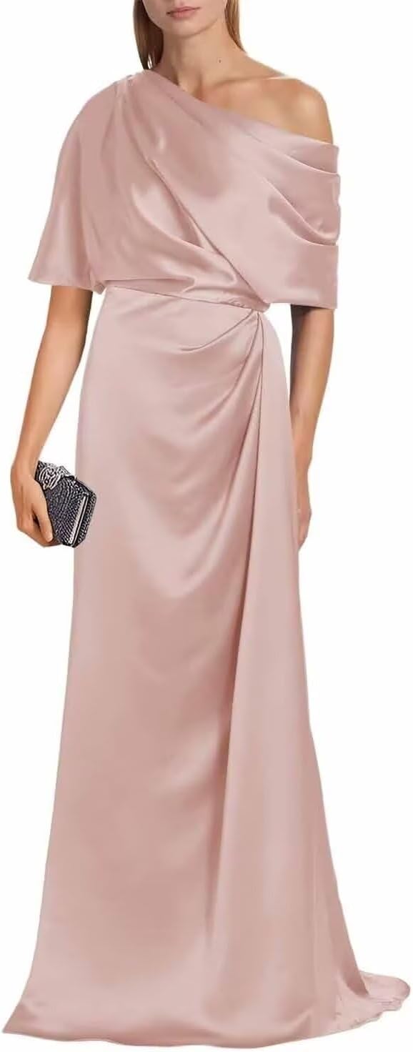 Satin Mother of The Bride Dresses for Wedding One Shoulder Formal Dress with Sleeves Mermaid Evening Party Gowns