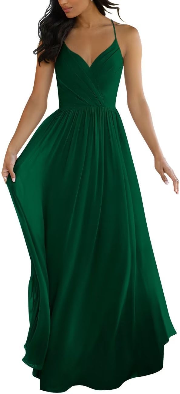 V Neck Bridesmaid Dresses for Women 2025 Long Chiffon Pleated A-line Spaghetti Strap Wedding Evening Prom Gown