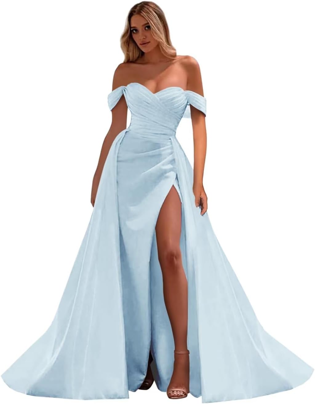 Vestidos de fiesta de satén con hombros descubiertos, corte sirena, fruncido, de noche formal, para mujer 