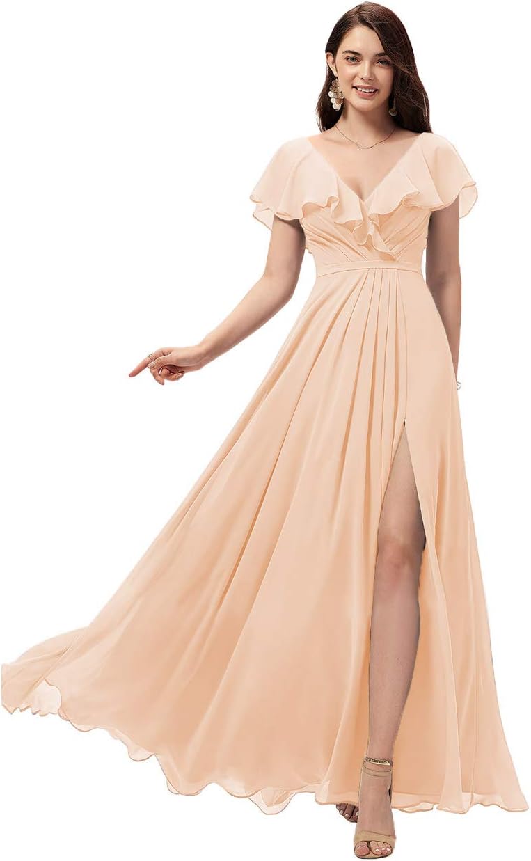 Vestidos de dama de honor largos con escote en V y volantes de gasa para mujer, vestidos de noche formales