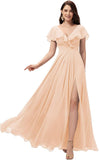 Vestidos de dama de honor largos con escote en V y volantes de gasa para mujer, vestidos de noche formales