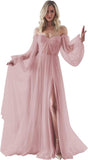 Women's Puffy Long Sleeve Prom Dresses with Slit Off Shoulder Tulle Wedding Formal Evening Gowns