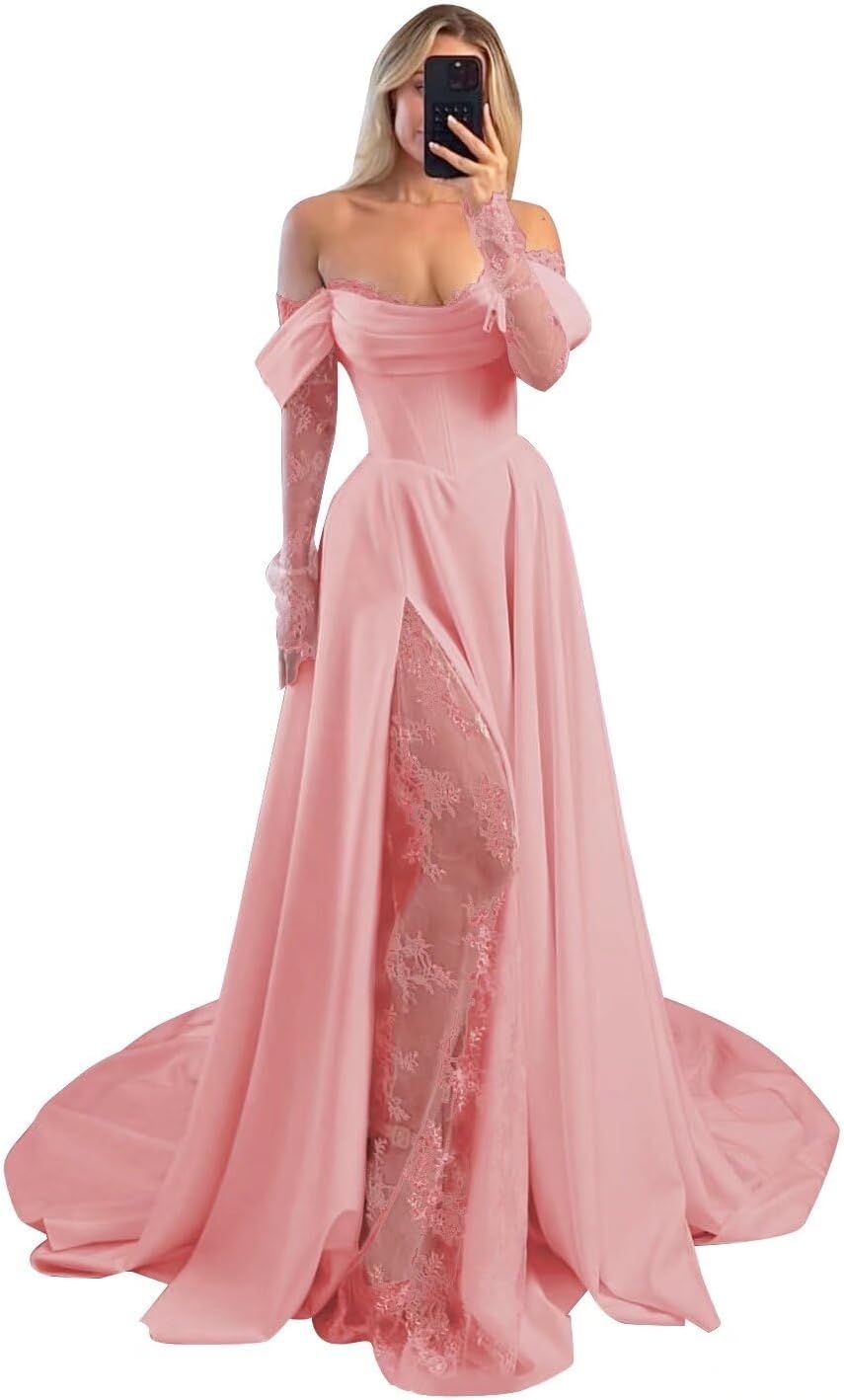 Off Shoulder Satin Wedding Dresses Lace Long Sleeve Prom Dresses Corset A-Line Ball Gowns with Slit