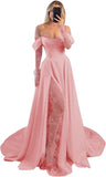 Off Shoulder Satin Wedding Dresses Lace Long Sleeve Prom Dresses Corset A-Line Ball Gowns with Slit