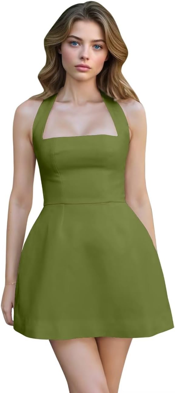 Satin Halter Homecoming Dresses for Teens Short Prom Dress 2027 Mini Formal Evening Cocktail Gowns with Pockets