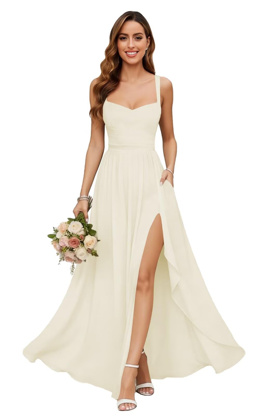 Chiffon Bridesmaid Dresses for Women Long Spaghetti Straps A-line Pleated Formal Evening Party Gowns with Pockets