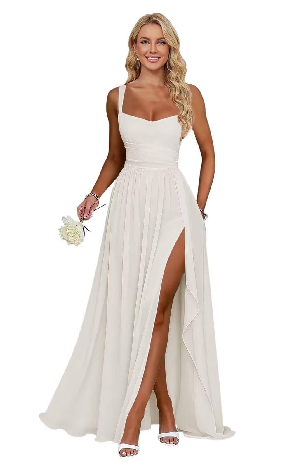 Ruffle Chiffon Bridesmaid Dress Long Square Neck Pleated Formal Gowns with Slit for Women Plus Size Spaghetti Straps Ruffles