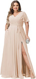 Plus Size Bridesmaid Dresses with Pockets V Neck Chiffon Flutter Sleeves Formal Evening Gowns with Slit