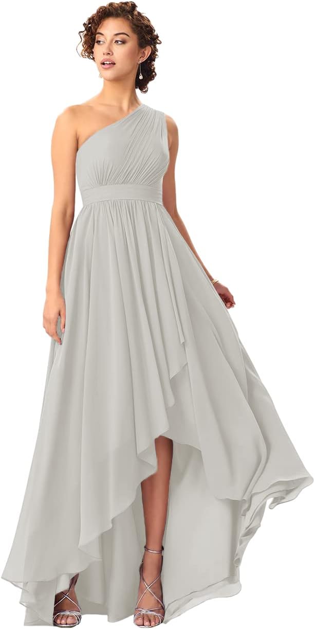Women's One Shoulder Bridesmaid Dresses High Low Chiffon Formal Party Gowns with Pockets