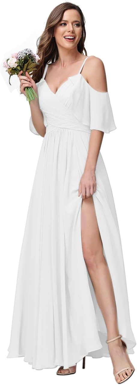 Women's Long Spaghetti Straps Bridesmaid Dress with Slit Off Shoulder Chiffon Formal Party Gowns