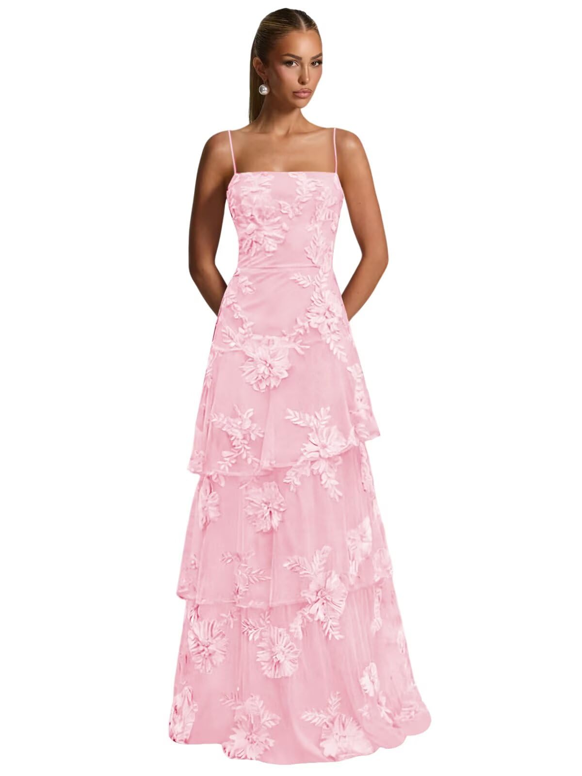 Ruffle Floral Embroidery Prom Dress Long A Line Tiered Bridesmaid Dresses Formal Evening Gowns
