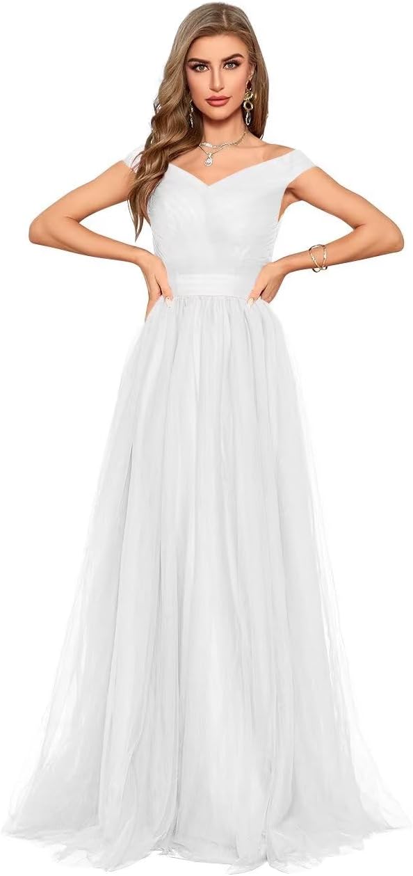 Schulterfreies Ballkleid, langes Ballkleid für Damen, A-Linie, Herzausschnitt, mehrlagiges Tüllkleid für Hochzeit, Abendparty 