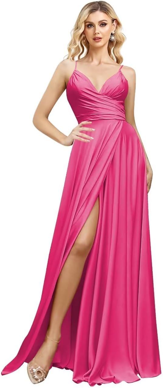 V Neck Satin Bridesmaid Dresses Spaghetti Straps Prom Dress Slit Wedding Formal Evening Party Dress