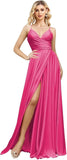 V Neck Satin Bridesmaid Dresses Spaghetti Straps Prom Dress Slit Wedding Formal Evening Party Dress
