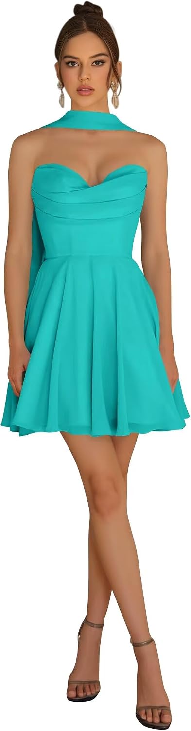 Strapless Homecoming Dresses for Teens 2026 Chiffon Short Prom Dress with Scarf A-line Pleated Cocktail Party Gown