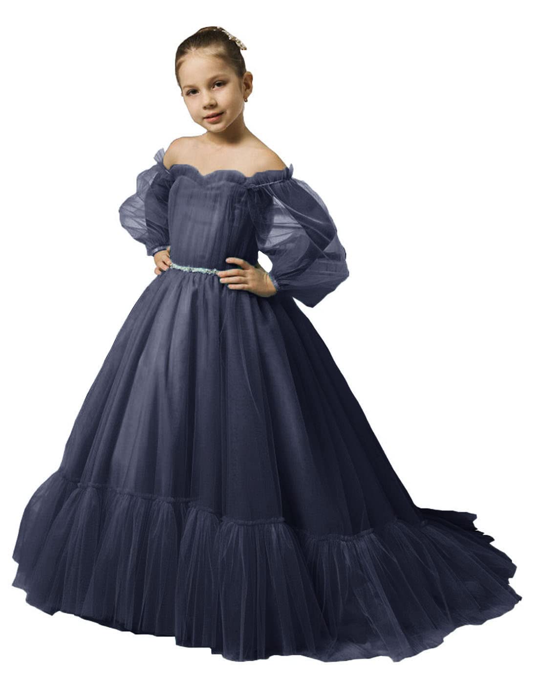 Puffy Sleeves Flower Girl Dress for Wedding Tulle Princess Pageant Dress Kids Prom Ball Gown with Belt