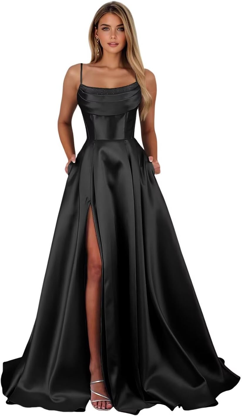 Satin Prom Dresses for Teens Long A-Line Cowl Neck Formal Evening Gown with Slit 2026 Maxi Ball Gowns