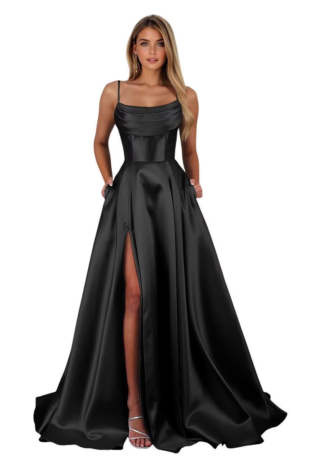 Satin Prom Dresses for Teens Long A-Line Cowl Neck Formal Evening Gown with Slit 2026 Maxi Ball Gowns