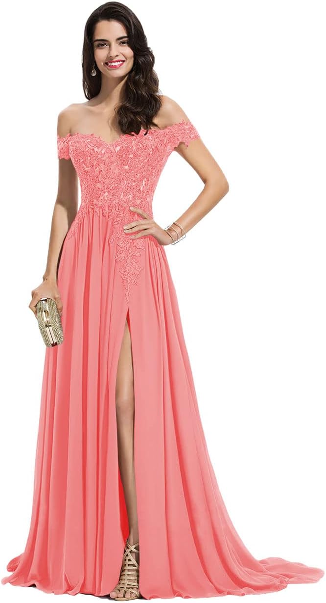 Women's Off The Shoulder Long Prom Dresses with Slit Lace Appliqued Chiffon Formal Party Gowns