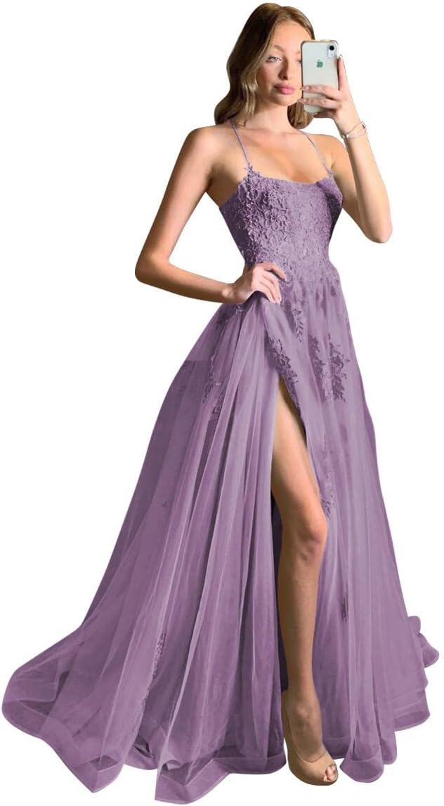 Women's Lace Criss-Cross Prom Dresses with Slit Spaghetti Straps Long Formal Evening Gowns