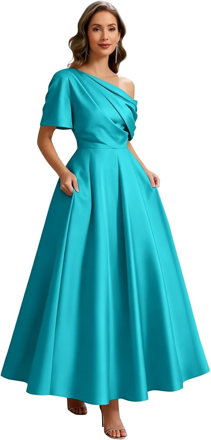 Kingbridal Satin Mother of The Bride Dresses for Women Tea Length Formal Dress One Shoulder Evening Party Gowns with Pockets
