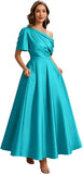 Kingbridal Satin Mother of The Bride Dresses for Women Tea Length Formal Dress One Shoulder Evening Party Gowns with Pockets
