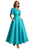 Kingbridal Satin Mother of The Bride Dresses for Women Tea Length Formal Dress One Shoulder Evening Party Gowns with Pockets