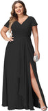 Vestidos de dama de honor de talla grande con mangas con volantes y bolsillos, vestido formal largo con escote en V y abertura. 