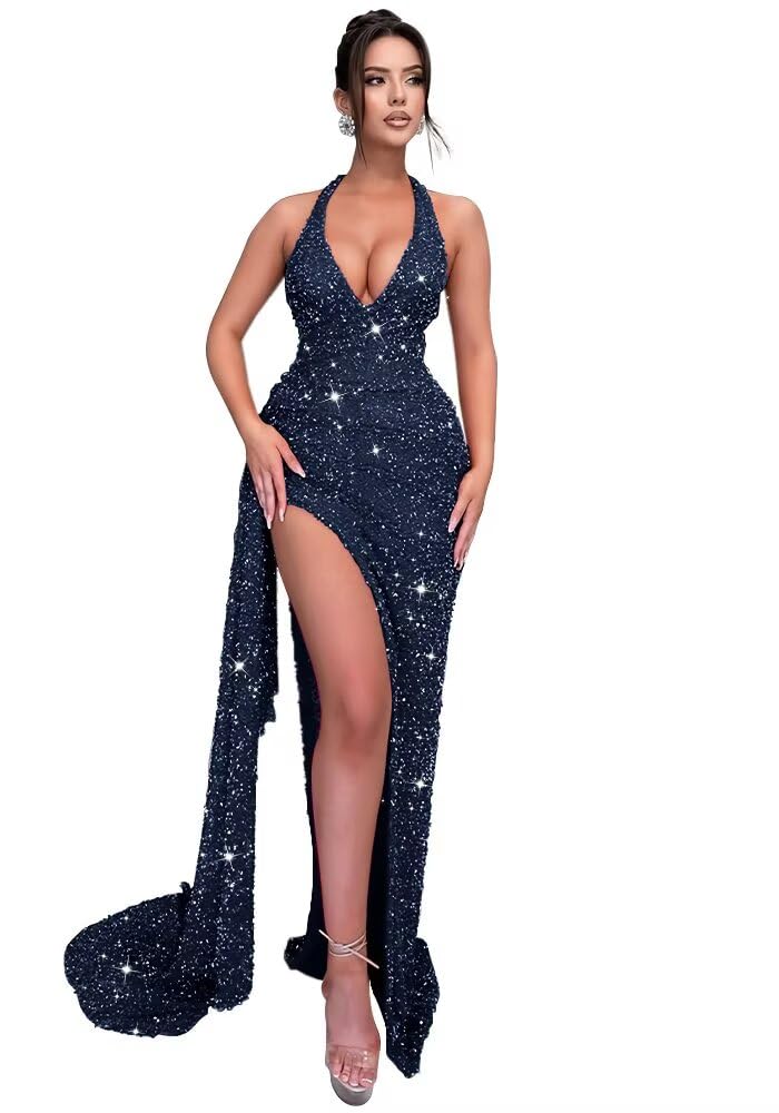 Sparkly Sequin Halter Prom Dresses for Women Mermaid Formal Dress with Slit Backless Ruched Evening Party Gowns