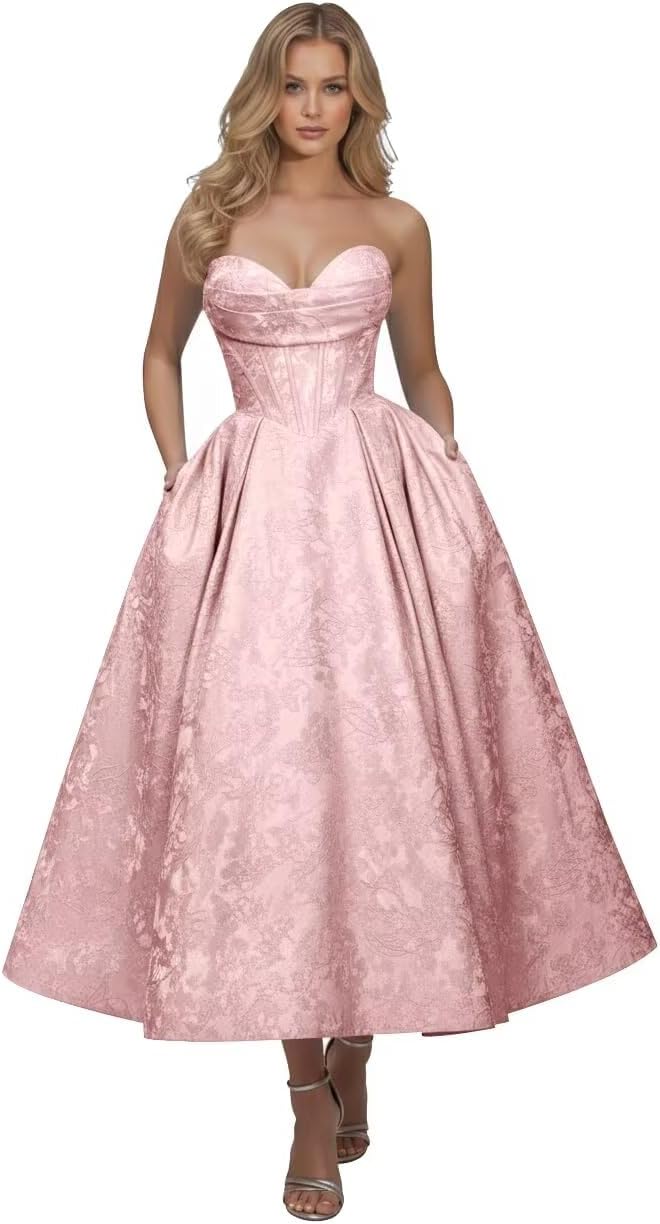 Strapless Floral Satin Prom Dresses for Women 2026 Jacquard Aline Formal Evening Party Dress with Pockets