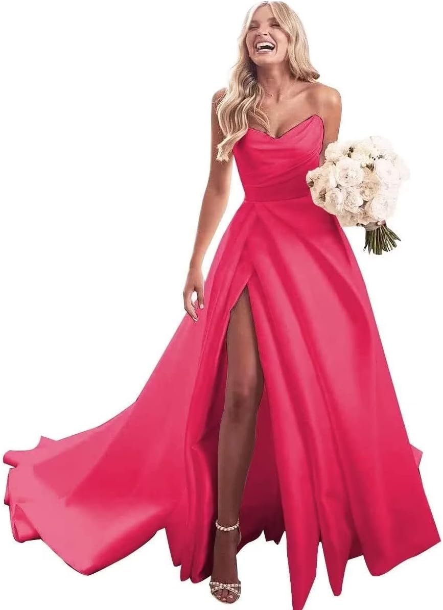 Trägerloses Ballkleid, langes Ballkleid, Satin-Brautkleid für die Braut, A-Linie, formelle Abendkleider mit Schlitz 