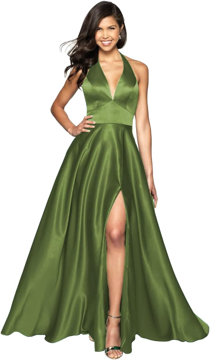 Womens Satin Prom Dresses Long with Slit Halter Evening Formal Gowns for Women with Pockets