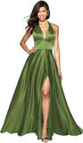 Womens Satin Prom Dresses Long with Slit Halter Evening Formal Gowns for Women with Pockets