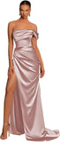 One Shoulder Mermaid Bridesmaid Dresses with Slit 2025 Pleats Satin Formal Evening Gowns for Women