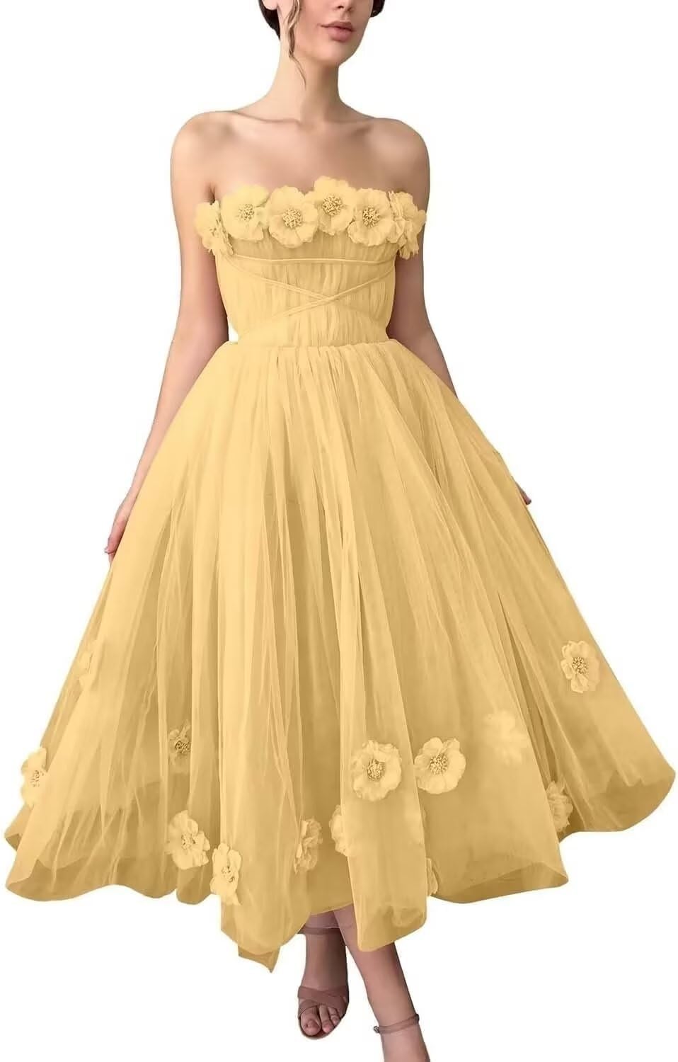Women's 3D Flower Off Shoulder Tea Length Whimsical Prom Dress, A Line Strapless Tulle Formal Evening Party Gown