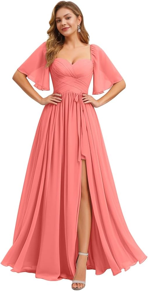 Women's Chiffon Bridesmaid Dresses for Wedding Flutter Sleeves Ruched A Line Long Formal Dress with Slit