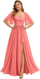 Women's Chiffon Bridesmaid Dresses for Wedding Flutter Sleeves Ruched A Line Long Formal Dress with Slit