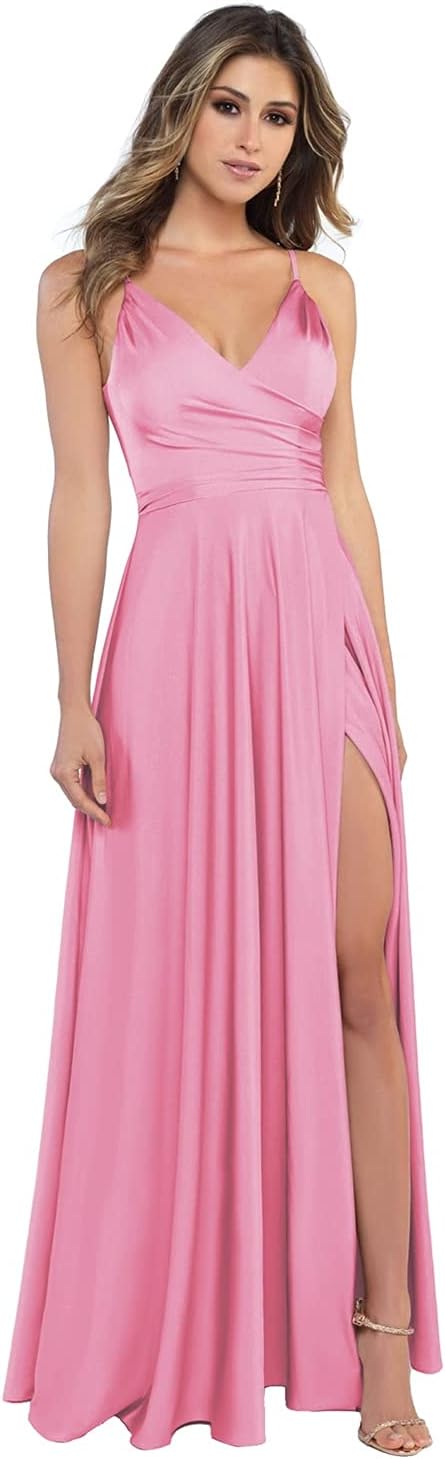 Damen-Brautjungfernkleider aus Satin mit V-Ausschnitt und Schlitz, Spaghettiträgern, formelle Ballkleider mit Taschen 