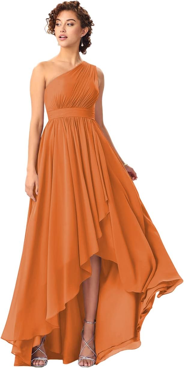 Women's One Shoulder Bridesmaid Dresses High Low Chiffon Formal Party Gowns with Pockets