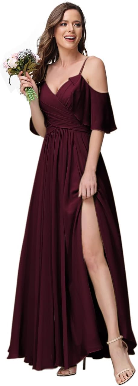 Women's Long Spaghetti Straps Bridesmaid Dress with Slit Off Shoulder Chiffon Formal Party Gowns