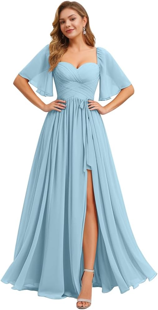 Women's Chiffon Bridesmaid Dresses for Wedding Flutter Sleeves Ruched A Line Long Formal Dress with Slit