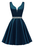 Satin Glitter Homecoming Dresses for Teens Short Prom Dress V-Neck Beaded Evening Formal Cocktail Party Gowns