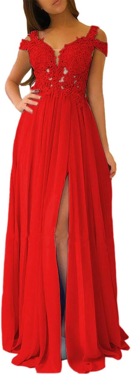 Women's Lace Appliques Prom Dresses Long with Slit Cold Shoulder Formal Party Gown