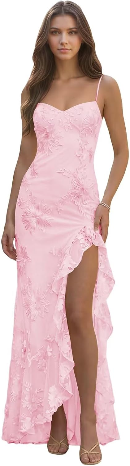 Spaghetti Straps Floral Embroidery Mermaid Prom Dress 2026 Long Corset Formal Evening Gowns with Ruffle Slit